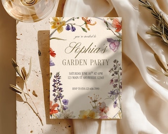 Elegant Garden Party Wildflower Floral Birthday Party Editable Digital Invitation Canva Template