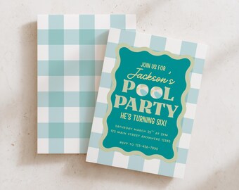 Boys Pool Party Blue Invitation Template, Trendy Boy Pool Party Invite, Blue Green Summer Birthday Canva Invite, Beach Ball Birthday