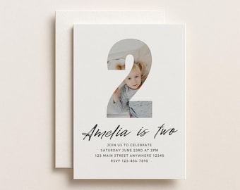 Second Birthday Boys Girls Number Two Photo Editable Digital Invitation Canva Template