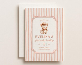 Her Beary First Rodeo Girl Brown Orange Pink Cowgirl Birthday Party Digital Download Invitation Canva Template