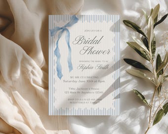 Invitación para despedida de soltera "Coqueta en azul empolvado" Algo azul Invitación elegante a rayas Plantilla digital editable de Canva