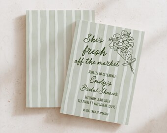 Invitación nupcial "She's Fresh Off The Market" (Recién llegada del mercado) - Invitación de Canva a rayas verde salvia dibujada a mano - Plantilla digital editable
