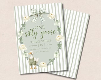 One Silly Goose Birthday Green Boy Girl Editable Invitation Digital Canva Template