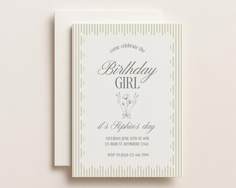 Elegant Green Women's Girl Striped Floral Birthday Editable Digital Invitation Canva Template