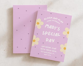Bloom And Play Girls Flower Pink Purple Bright Birthday Party Digital Download Invitation Canva Template