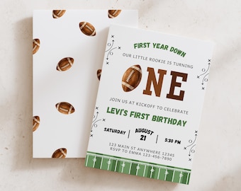 First Year Down, Football First Birthday, Little Rookie Year One Invite, Party Digital Download Invitation Canva Template