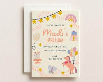 Unicorn Birthday Invitation Girl, Yellow Pink, Template Instant Digital Download, Editable Canva Design, Printable Party Invite