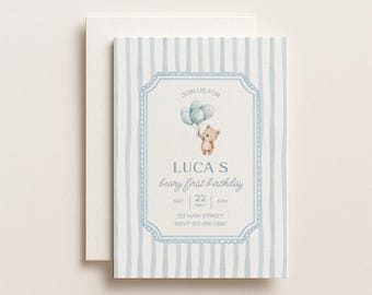 Bear First Blue 1st Birthday Boy Girl Teddy Bear Digital Download Invitation Canva Template