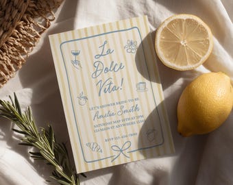 La Dolce Vita Bridal Invite Yellow Blue Striped Canva Invitation Editable Digital Template