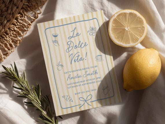 La Dolce Vita Bridal Invite Yellow Blue Striped Canva Invitation Editable Digital Template