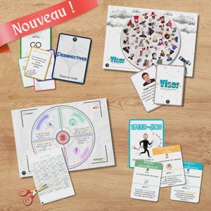 Peut inclure: Plusieurs cartes éducatives et des diagrammes sur une surface en bois. Les cartes présentent du texte et des illustrations, avec des titres comme "PERSPECTIVES" et "SPEED-JOBS". Une bannière rouge indique "Nouveau!". Des ciseaux sont également présents.