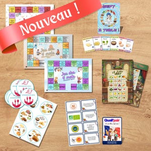 Peut inclure: Plusieurs jeux éducatifs et des éléments liés à l'alimentation sont présentés sur une surface en bois. On y trouve des jeux de société, des cartes et des autocollants avec du texte en français. Une bannière rouge avec le mot "Nouveau" est en haut.