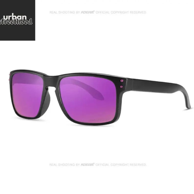 May include: Black sunglasses with square frames and purple lenses. The sunglasses have a sleek, modern design. The text "urban street hood" is in the upper left corner.