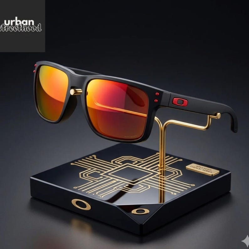 May include: Black sunglasses with red-orange lenses are displayed on a black stand with gold accents. The stand has a gold circuit board design. The brand name "urban street hood" is in the upper left corner.