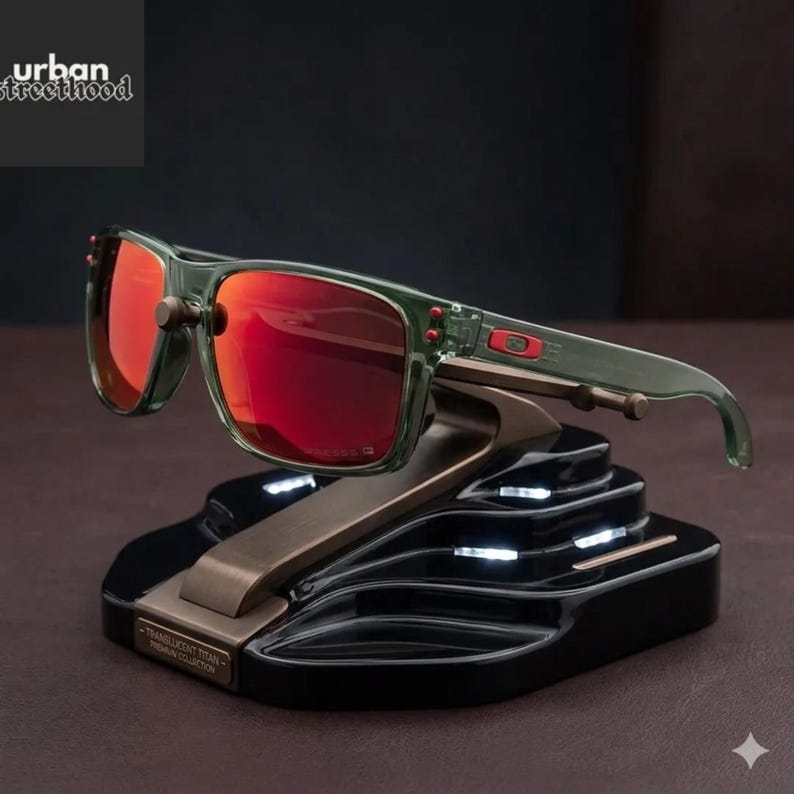 May include: Green-framed sunglasses with red lenses on a black and bronze stand. The sunglasses are rectangular and labelled "TRANSLUCENT TITAN - PREMIUM COLLECTION". The "urban street hood" logo is in the upper left corner.