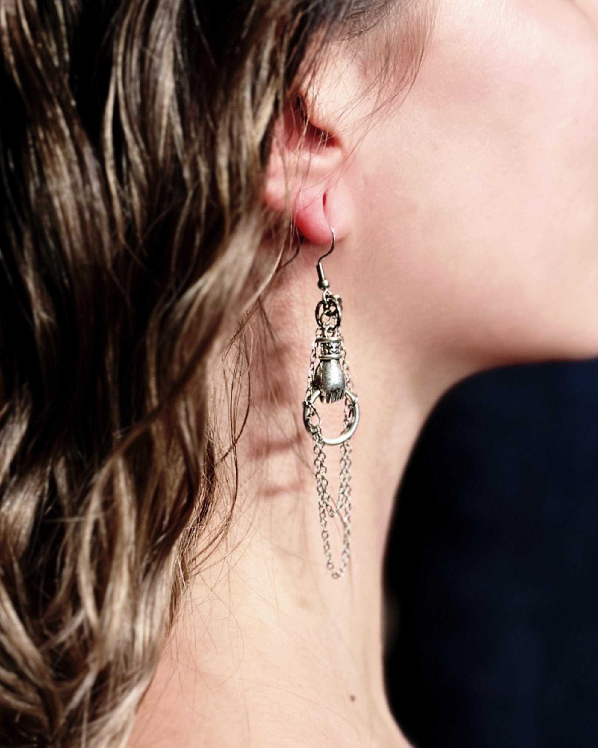 Boucles D'Oreilles Longues Gouttes - Noir Gris Cuivre - Style Baroque Elfique Médiéval
