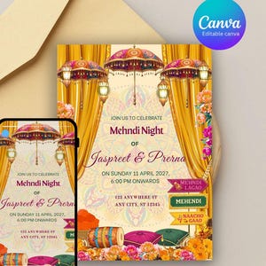 May include: A colorful invitation for a Mehndi Night celebration. The design features ornate umbrellas, hanging lanterns, and floral accents. The text reads "Join us to celebrate Mehndi Night of Jaspreet & Prerna" with event details.