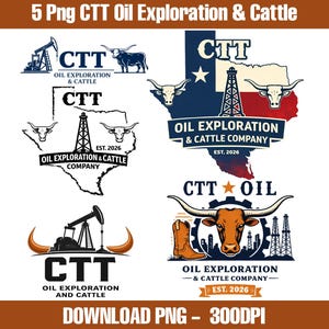 Może przedstawiać: Zbiór pięciu logo z tekstem "CTT Oil Exploration & Cattle". Projekty zawierają wieże wiertnicze, bydło długorogie i zarys Teksasu. Loga są w różnych stylach, z paletą kolorów granatowego, pomarańczowego i białego. Widoczny jest również tekst "EST. 2026".