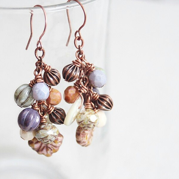 Featured Jewelry Affaire Magazine Beaded Cluster Wire Wrapped Earrings Czech Glass Copper MOP Buttons Boho Vintage Shabby Chic Spring