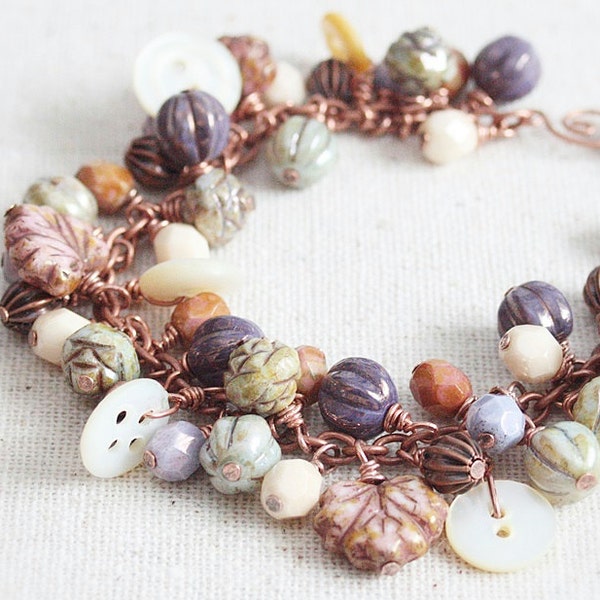 Featured in Jewelry Affaire Magazine Wire Wrapped Beaded Charm Bracelet Boho Antique Vintage Button Czech Glass Copper Cluster Spring