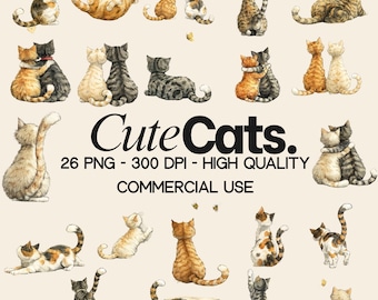 Gatos desde atrás 26 PNG Clipart / Acuarela Vista posterior Gatos / Fondo transparente