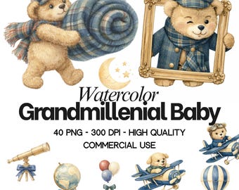 Imágenes prediseñadas de bebé Grandmillennial en acuarela, lazo coqueto, invitación para baby shower (40 PNG)