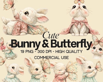 Set di clipart con coniglietti e farfalle: illustrazioni primaverili, 19 file PNG (stampabili digitalmente)