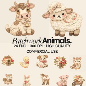 May include: A collection of patchwork animal illustrations, including a cow, sheep, duck, dog, squirrel, bunny, deer, pig, and owl. The cow and sheep are the largest, with the text "Patchwork Animals" and other details below.