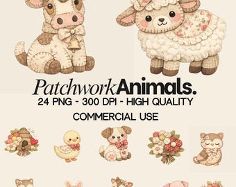 Patchwork Quilt Animal Clipart, Farmhouse PNG Bundle (Digital Download)