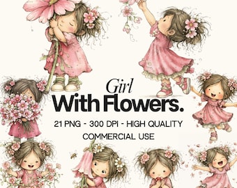 Paquete de imágenes prediseñadas de niña con flores en acuarela (descarga digital)