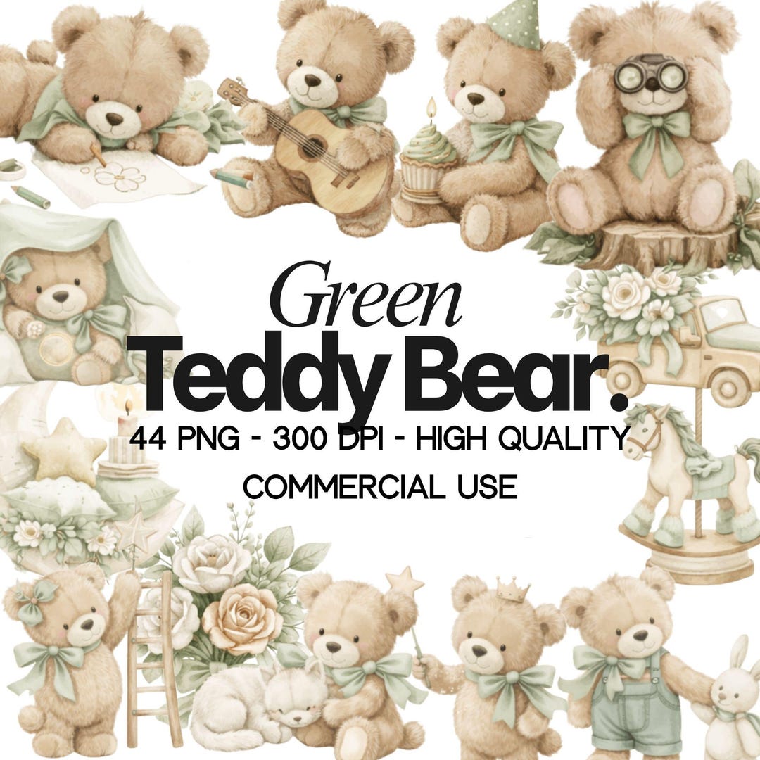 Teddy Bear Clipart PNG, 44 Sage Green Baby Boy Nursery Graphics Bundle ...