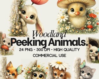 Set di clipart di animali del bosco che sbirciano: illustrazioni primaverili, 24 file PNG (stampabili digitalmente)