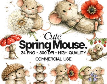 Clipart di topo primaverile: illustrazioni floreali ad acquerello in formato PNG (download digitale)