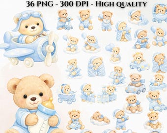 Clipart di orsacchiotti ad acquerello: set di PNG di orsacchiotti blu (download digitale di 36 PNG)