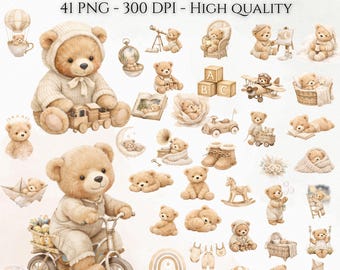 Clipart di orsacchiotti ad acquerello: Pacchetto PNG per cameretta in stile boho (Download digitale)