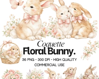 Conjunto de imágenes prediseñadas de conejitos florales: Conejitos de Pascua rosas en acuarela PNG (descarga digital)