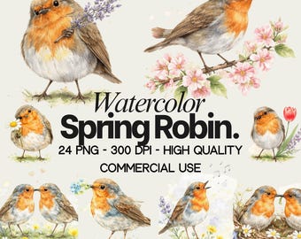 Clipart PNG acquerello di pettirosso primaverile, uccello del bosco con fiori selvatici, alta risoluzione 300 DPI
