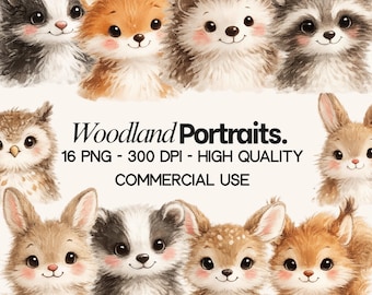 Watercolor Woodland Animals Clipart, Nursery Art (Digital Download, 4096x4096 px PNGs)