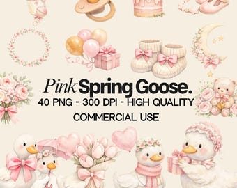 Clipart acquerello di un'oca, disegno per la cameretta di una bambina rosa (PNG, uso commerciale).