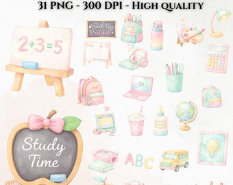 Clipart scolastico con acquerello pastello, decorazioni per l'aula (31 PNG)