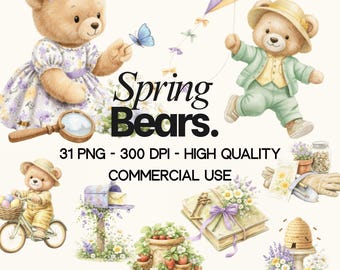 Spring Teddy Bears Clipart – Watercolor Garden PNG Bundle (Commercial Use)