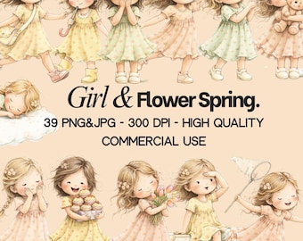 39 JPG - PNG Girl & Flower Spring Clipart: Whimsical Nursery Graphics (Digital Download)
