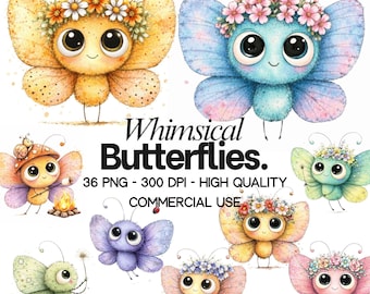 Clipart di farfalla in stile cartone animato con fiori in formato PNG: grafica blu, viola e gialla - (Download digitale - 36 PNG)