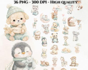 Clipart di animali per la cameretta ad acquerello: orsetto, coniglietto, anatra, pecora (PNG, JPG, uso commerciale)