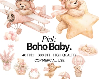 Imágenes prediseñadas de baby shower estilo bohemio rosa: Oso de peluche en acuarela, conejito, patrones, coqueta 40 PNG