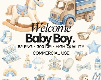 Set di clipart blu per baby shower: grafica acquerello per cameretta dei bambini PNG (download digitale - 62 PNG)