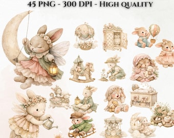 Clipart di coniglietti ad acquerello, coniglietti da vivaio vintage (download digitale)