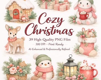 Pacchetto di clipart PNG di Natale ad acquerello, grafica vintage per le vacanze (uso commerciale)