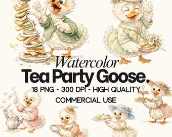 Paquete de imágenes prediseñadas de gansos en acuarela para fiestas de té (descarga digital)