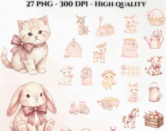 Watercolor Farm Clipart – Pink Nursery Animals (PNG Digital Download)